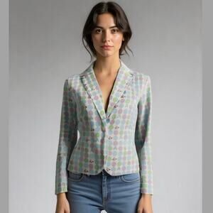 Gene Meyer Blue Purple Green Polka Dot Ditsy Floral Cotton Cropped Blazer 4